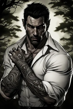 Photographic portrait Jason David Frank as fantasy alpha werewolf in human form very muscular short cropped black hair and stubble on chin, tribal tattoos wearing white button up shirt with rolled up sleeves realistic face, close-up, dark fantasy, fantasy forest, intricate details, hyper detailed, deviant art style