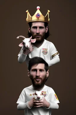 messi as king with wearing crown and king stuffs and clothes and holding a little white goat on his hand ,hyperrealistic,8k,detailed,rendered