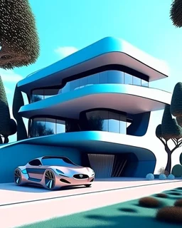 Cartoon of a modern country house, (((Zaha Hadid))) style, trees, two people, car next to it. Complementary colors. 3D