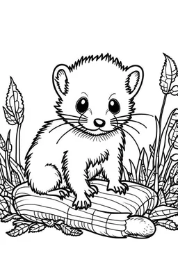 cute coloring page, sketch style, cute baby ferret in the wood, cute cartoon, white and black, withe background, no shadows, outline.