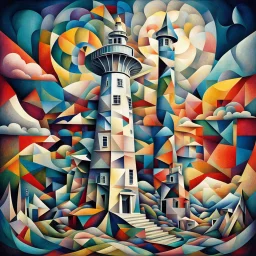 Surreal Cubist Dreamscape; by Picasso, surreal fragmented Psychedelic lighthouse, Aoyama