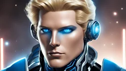 uomo bionico androide umanoide biondo occhi azzurri con volto orione vega fender astronave galassie