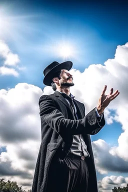 man magician looking at the sky changing the weather sunny day