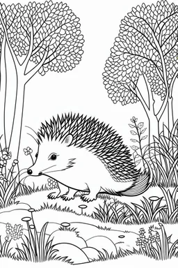 a hedgehog in a charming European woodland, clean line art, monochrome, for kids coloring book