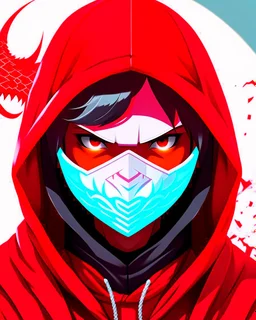 Draw an illustration with a red and white hood and a dragón mask over they eyes