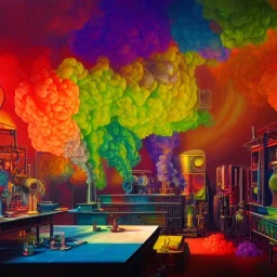 inside factory of colors. smoke rises from multi-colored glassware. color swatches in the background. hyperdetailed, warm colors, detailed painting, photorelistic, oil on canvas, light dust, futuristic. volumetric lighting