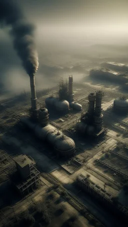 A bird view , An oil refinery and nuclear power station tower , surrounded bard , with old abandoned buildings .surrealism of the dark of a nightmare ten miles high and six foot deep, hyper photorealistic, hyper detailed dark art color, high resolution, fog, octane render, tilt shift, HDRI Environment, all pictures dark gray and brown
