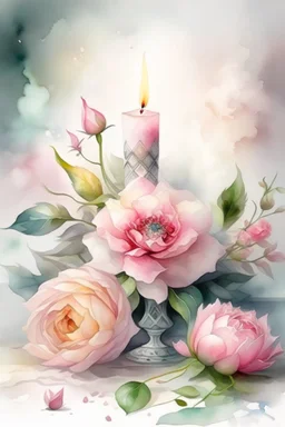 MAGIC A PYRAMID CANDLE IS BURNING AROUND WONDERFUL FLOWERS English watercolor, Smoky cream, pale gray, pale pink, pink background. bright light, a bouquet of roses on the table are pale pink, pale bordeaux, white, ochre. green stems, the light is translucent. Watercolor, fine ink drawing, peonies in an hourglass, elegant gold inlay, rich interior rose of the valley, leaves, nature, beautiful raindrops, beautiful fog, over a beautiful rainbow, fantasy, romantic dreamy mood, special attractions