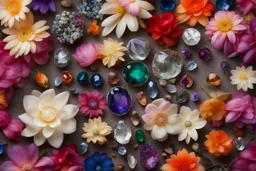 top view of lot of coloured flowers and gemstones in candlelight