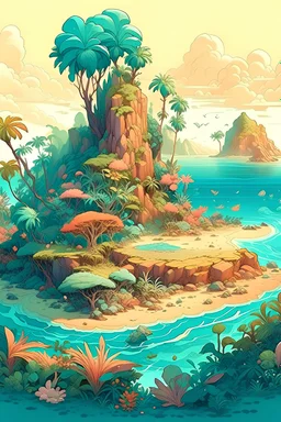 Beautiful tropical island, by Tjalf Sparnaay, by Johan Grenier, by Victo Ngai, by Android Jones, Cinematic fantasy landscape meticulously hyperdetailed photorealistic digital mixed media photoillustration, Muted Triadic pastel hues.
