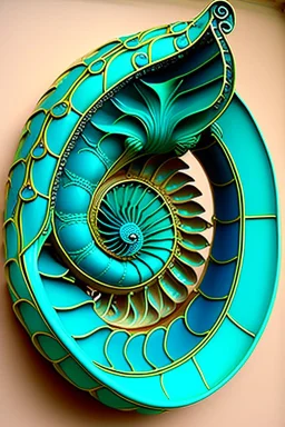 Turquoise arches and blue gates in a vertical Nautilus shell by artist "Old Poppycock"