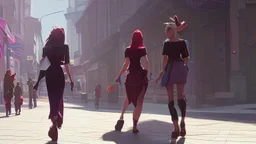 shoulder-length red-haired woman walking along a street full of shops, with a transluscent woman following her