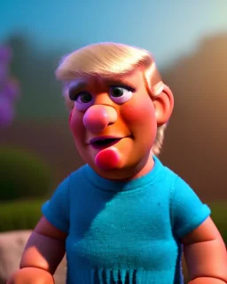 Realistic Waist up Portrait, Donald trump muppet, Wes Anderson style, photo studio, unreal engine 5, god lights, ray tracing, RTX, lumen lighting, ultra detail, volumetric lighting, 3d.