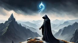 The hooded sorcerer on the mountain top