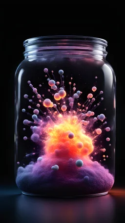 in a jar.molecular vibrant with explosion. Photography. Realistic photo. HD. Glowing. Black background.3d style. Mystical.