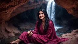 Hyper Realistic Photographic Outside View Of A Gorgeous Pashto Girl (Wearing Simple Burgundy Colored Dress & Wearing Plain Pink Dupatta On Her Neck) Happily Sitting & Smiling Boldy In A Cave & Showing Her Long Black Hair With Waterfall View Outside, With Heavy Rain Outside Cave At Dark Night Showing Dramatic & Cinematic Ambiance.