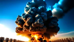 draw me a picture of a big explosion emitting fire and black smoke with a clear blue sky