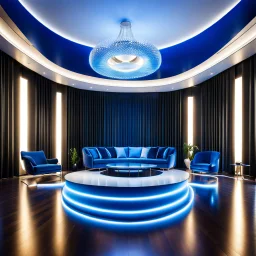 beautiful dance stage in luxury modern hall dynamic lights, modern furniture blue theme