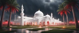 Hyper Realistic massive huge white-red mosque at a rainy night with grassy pathway, palm trees & Thunderstorm