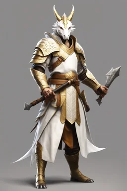 Full Body, White Dragonborn, Monk Knight, Fighter Pose, White and Gold outfit colour theme