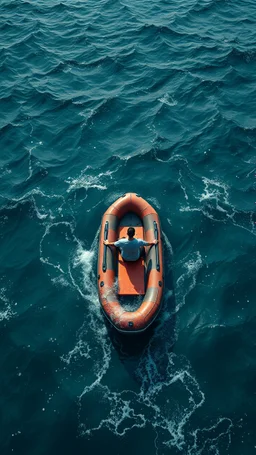Bosch painting style nightmare , 3D , a man on small rubber boat lost in the ocean close top view, background, high Quality picture , 8k