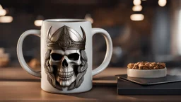 coffee mug with a skull on top designs, in the style of vray tracing, viking art, soft-focused realism, with hidden details, sharp linework