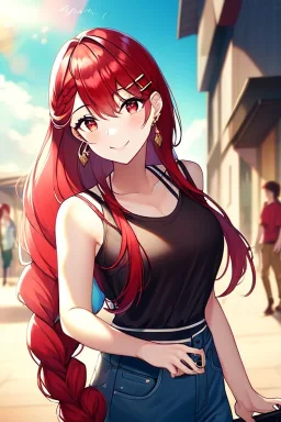 girl, masterpiece, best quality, cinematic lighting, detailed outfit, vibrant colors, perfect eyes, red hair, red eyes, long hair, braided ponytail, hairclip, earrings, smile, casual clothes,