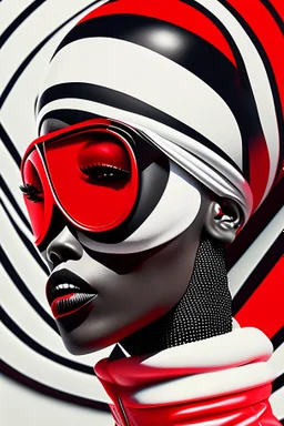 woman with red paint on full face, black round sunglasses, black and white swimming cap on head, black turtleneck, side view by joe scott , afrofuturism, futuristic, pop art, geometric, bizarre, surreal