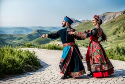 a couple man and woman in Azerbaijan costume ,dancing Azerbaijan folk dance togather