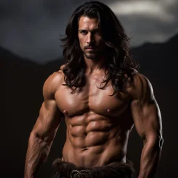 Handsome and muscular 30 year old shirtless mountain man long dark hair, goatee beard, dark fantasy, blank background