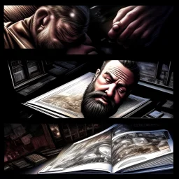 ((Masterpiece:1.2) of (award-winning:1.1) caliber, professionally executed with the utmost (precision and ultra-detail:1.3), imagine a photograh of a page of a photobook, inside are pictures that feature a fat, bearded man (watching tv:1.8),,comic book panels, multiple angles, a mixture of lighting and color palettes.