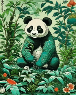 A bluish green nature elemental panda designed in German folk art painted by Utagawa Hiroshige
