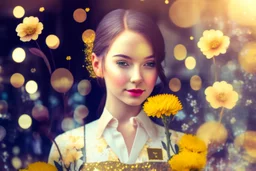 double exposure, flower shop, cute chibi salesgirl in flower uniform in sunshine, watercolor and black ink outlines, sparkling golden glitter, ethereal, cinematic postprocessing, bokeh, dof