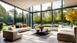 Beautiful modern luxurious minimal domestic living room, floor-to-ceiling windows look out onto attractive flower gardens and trees. Room is light, comfortable, peaceful, welcoming and tasteful. The home was recently the winner of a national architecture award.