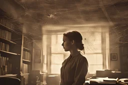 A very old photo of a girl standing in an office with old lighting on the ceiling and spider webs on the walls in a terrifying scene with books flying around her, size 1920 x 720.