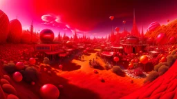 Wide-angle photorealistic fantasy landscape of unearthly delights, red tones