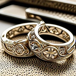 Elegant and intricate gold wedding bands with diamond accents