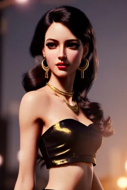 Young business woman, dark orange eyes, dark brown hair, elegant hair, thin lips, gold hoop earrings, waist up portrait, 8k resolution, intricate details, ornate details, soft lighting, vibrant colors, retroanime, masterpiece, realistic, intricate eyeliner, dark eyeshadow, eyes,futuristic cityscape background