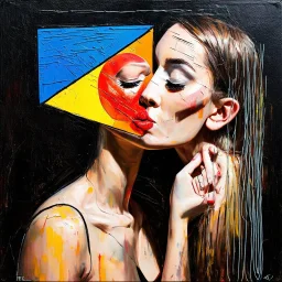 Whimsical kissing: This strange asymmetric abnormal kissable beautylady has a head that looks like a triangle, a square and a circle sewn together with cords. Colorful abstract art, mixed media. Disturbing, turpistic, dark. Scratches. Kissing background.