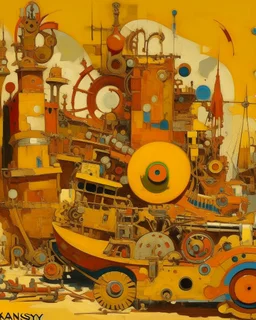 A yellowish orange mechanical junkyard painted by Wassily Kandinsky