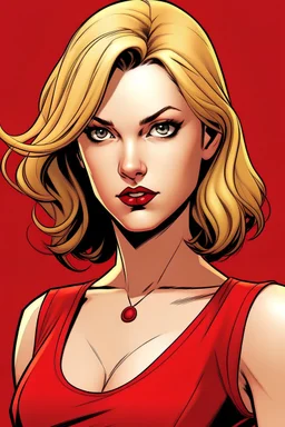 Female, looking serious, in a red dress, with blond hair in a comic style