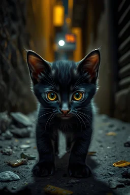 "Create a hyper-realistic image of a small, stray kitten with medium-length soft black fur, and large, hauntingly expressive golden eyes, wandering the narrow, dimly lit streets of a Brazilian urban neighborhood at night. The kitten’s small pointed ears are slightly drooped, and its tiny nose is barely visible in the shadows as it cautiously navigates the alleys. The fur on the kitten’s body is ruffled, each strand meticulously detailed, as it searches for warmth and food amidst the refuse. The