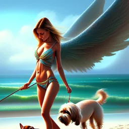 beach with boat, portrait of tanned girl with wings and dog, fantasy art, book illustration