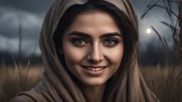 Hyper Realistic Close-up-view of Antagonist-Young-Happy-Pashto Woman with beautiful eyes negatively-Smiling on riverside & long-grass-&-dry-trees at dark-cloudy-night with dramatic ambiance