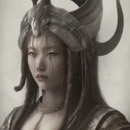 foto do rosto molhado, muito detalhado de uma mulher japonesa maravilhosa, vestindo viking