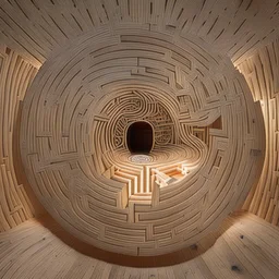 An immersive circular wooden labyrinth with a single entry and exit. Portraits of addiction and healing are visually connected by delicate threads. The labyrinth walls, adorned with engravings representing struggles, guide visitors through the transformative journey. Experience the progression from darkness to light, chaos to harmony, and despair to hope in this introspective installation. ariel view