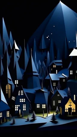 dark night light forest village origami style