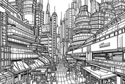 Visualize a black & white coloring book with thick contours & lines, all fitting within an 11x8.5 inch space. A cyberpunk cityscape with towering pagodas and holographic billboards. Each image is intricately detailed, with bold & thick lines to make coloring a delightful experience, creating a dynamic fusion of Japanese-themed art coloring book.
