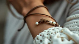 macro photo of a bracelet made of brown leather and tiny pearls in ethno style around a woman's wrist, detailed, sharp contrasts, realistic, cinematic, blur background