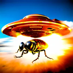 award winning photograph of a steampunk house-fly ufo designed by only one vehicle per image painted metallic orange traveling at a high rate of speed, jet intake off of front center of vehicle and jet exhaust out the rear bilaterally symetrical,